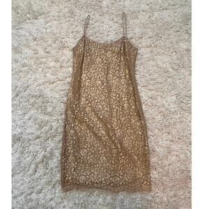 Vintage Rickie Freeman T.J. Nights Sheath Lace Sheer Lining Gold Cocktail Small